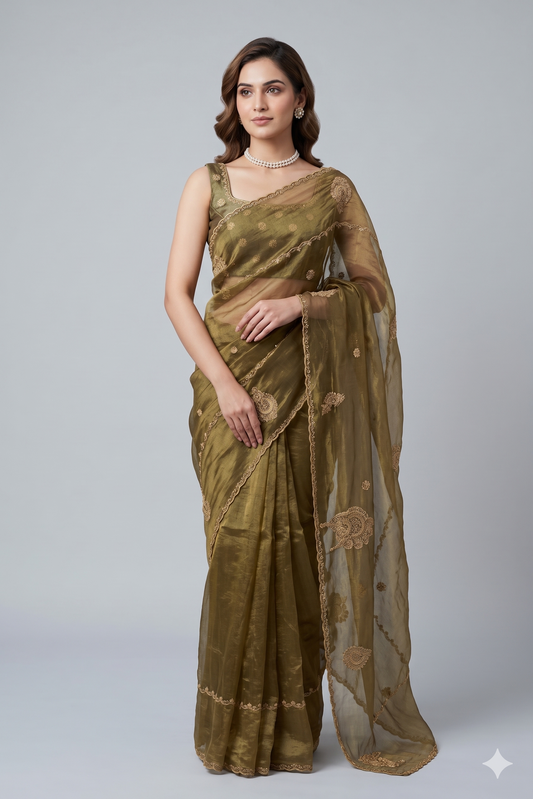 Golden Olive Green Tissue Silk Embroidery Saree, With Unstiched Blouse