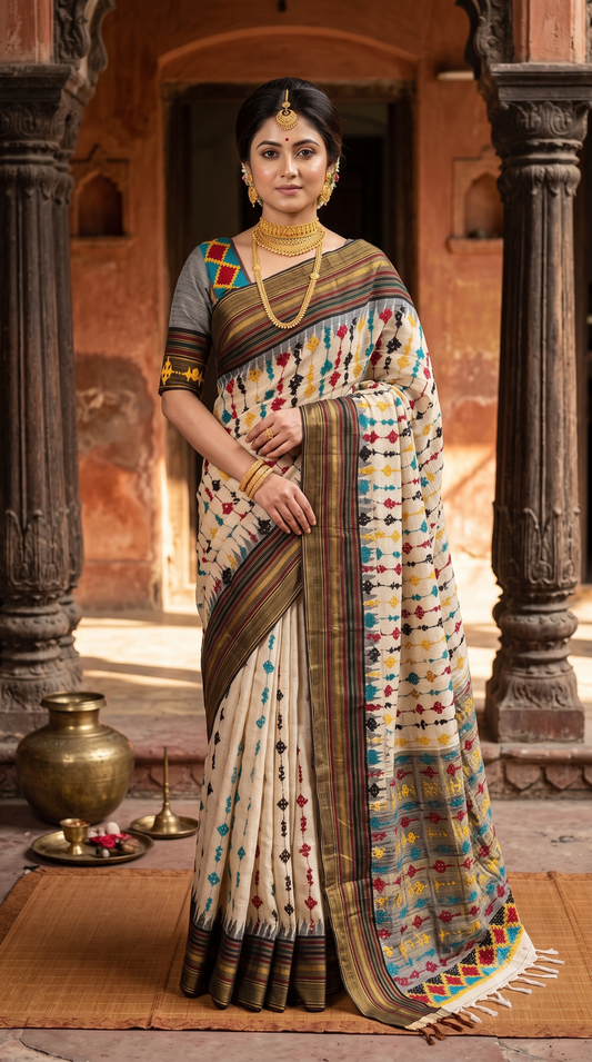 Beige & Multi Vidarbha Tussar Silk With Kutch Work Saree, With Unstitched Blouse