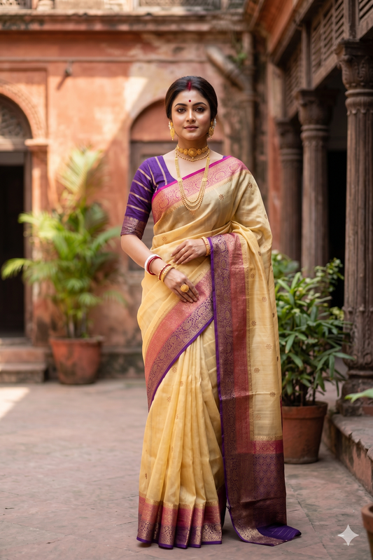 Mustard Yellow Kora Banarasi Silk Saree With Hand Weaving Work, With Unstiched Blouse