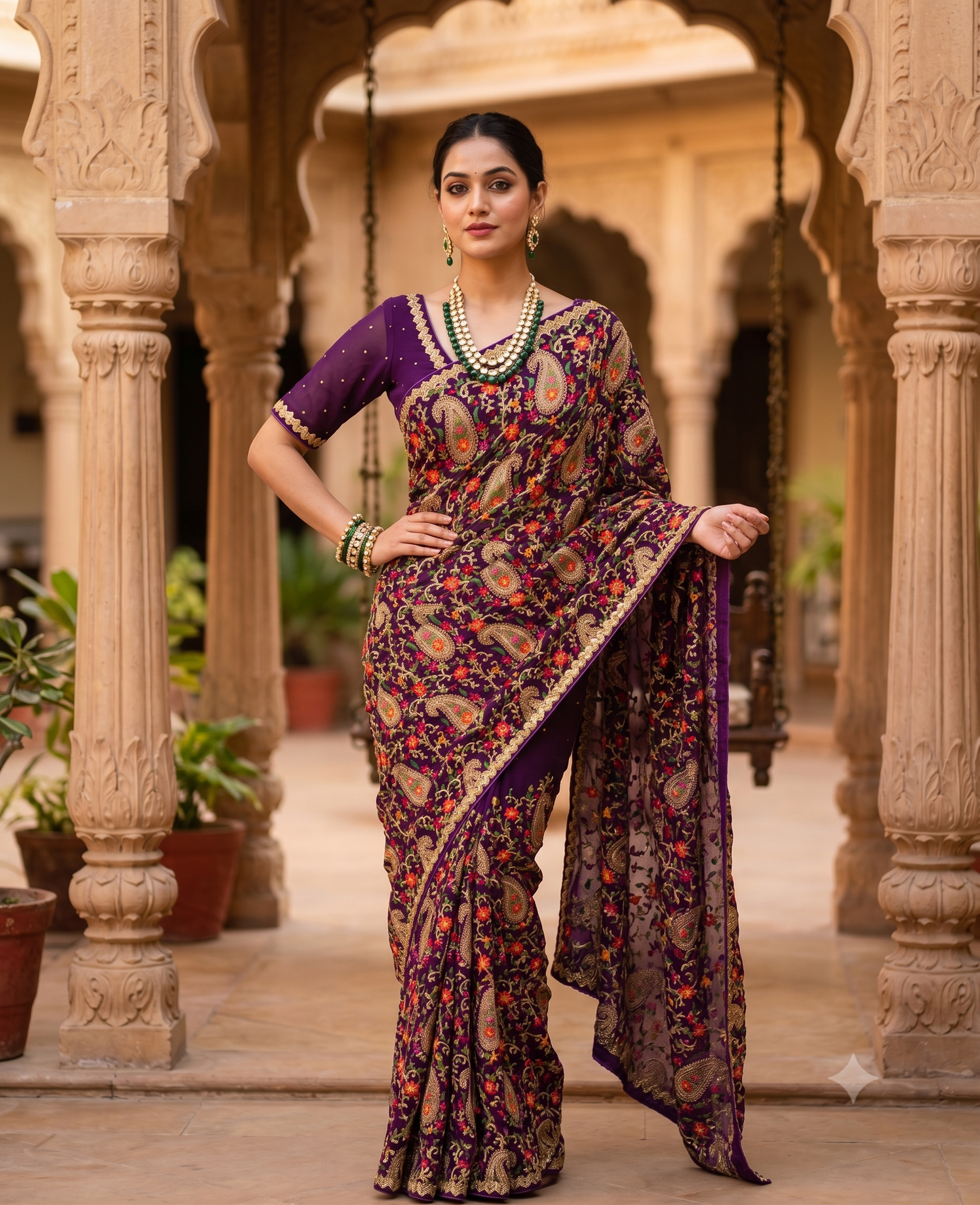 Violet Georgette Saree With Kashmiri Embroidery Work, With Unstiched Blouse