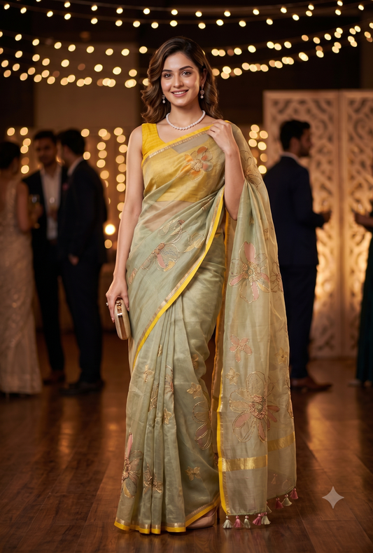 Light Pista Green Tissue Organza Silk With Ari Work Saree, With Unstiched Blouse