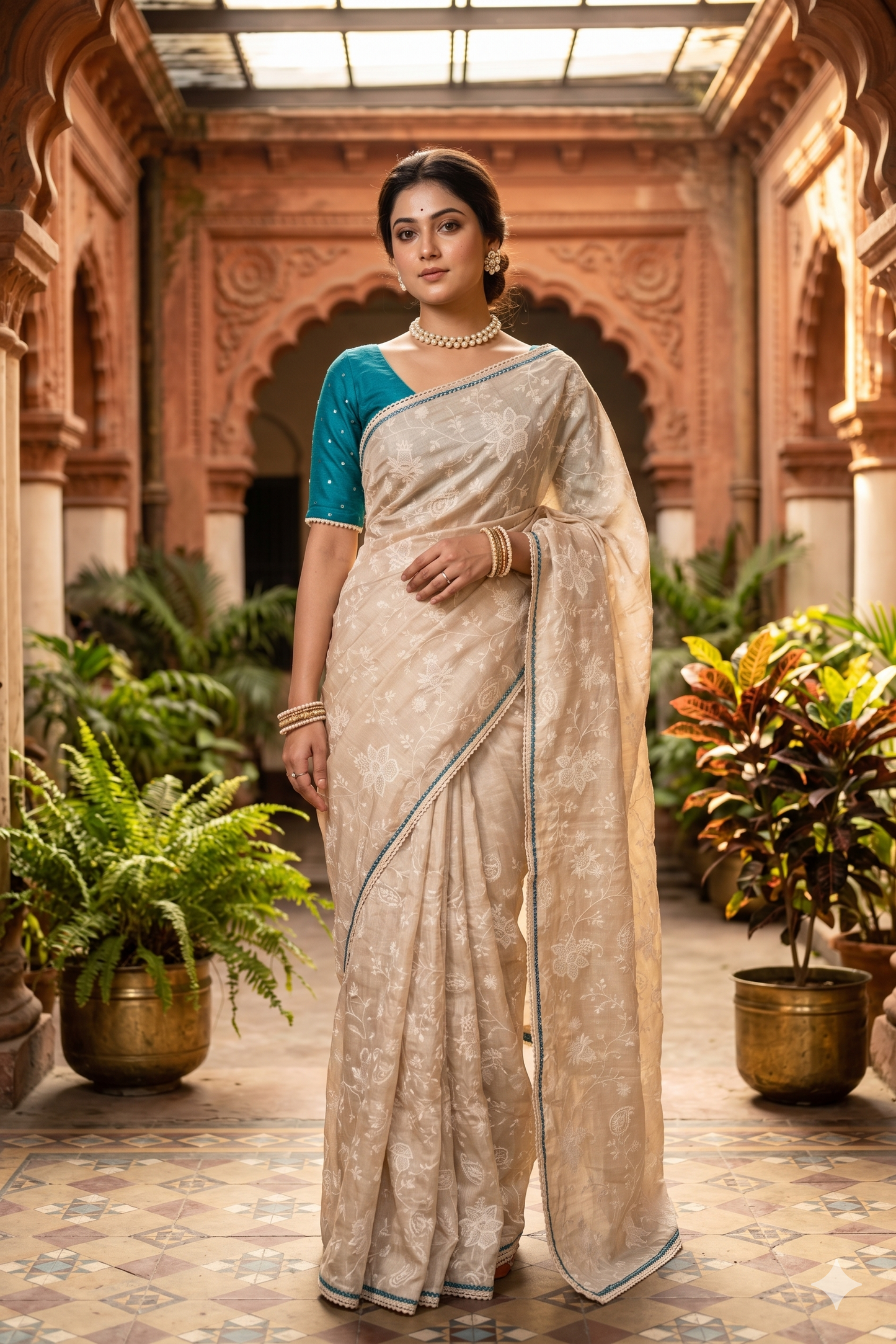 Off-White Tussar Thread Work Saree, With Unstiched Blouse