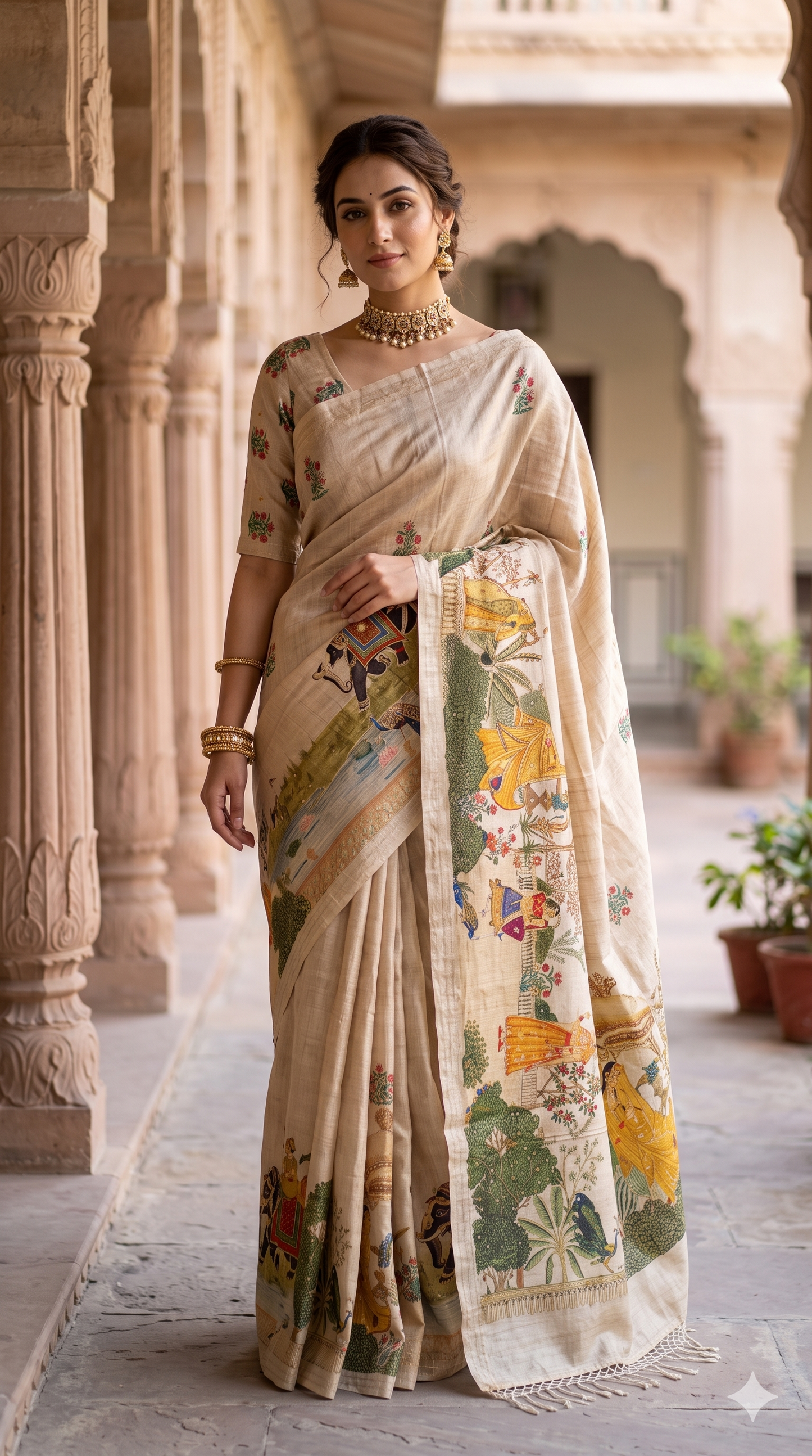 Beige Tussar Pichwai With Aari Work Saree, With Unstiched Blouse