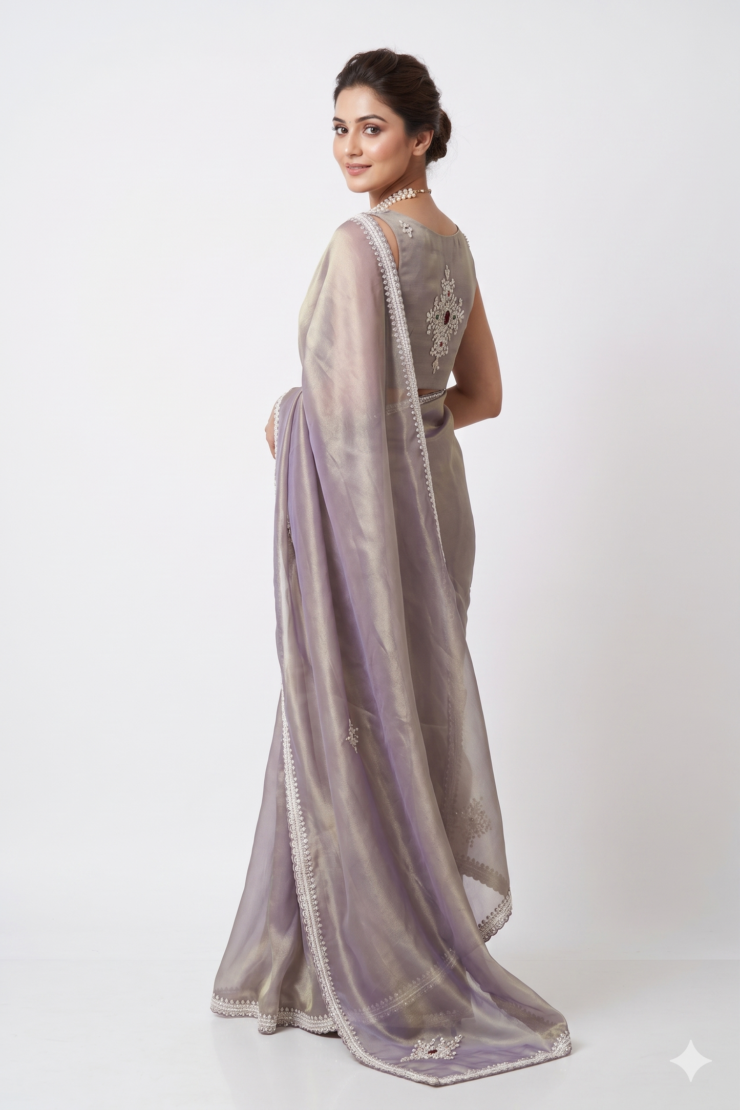 Greyish purple silk embroidery saree with soft tissue fabric and unstitched blouse, perfect for party wear by Saarang Sarees.