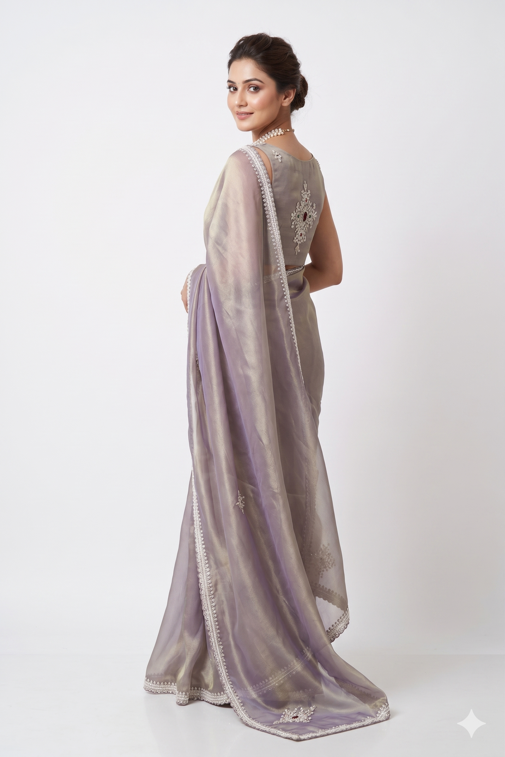 Greyish purple silk embroidery saree with soft tissue fabric and unstitched blouse, perfect for party wear by Saarang Sarees.