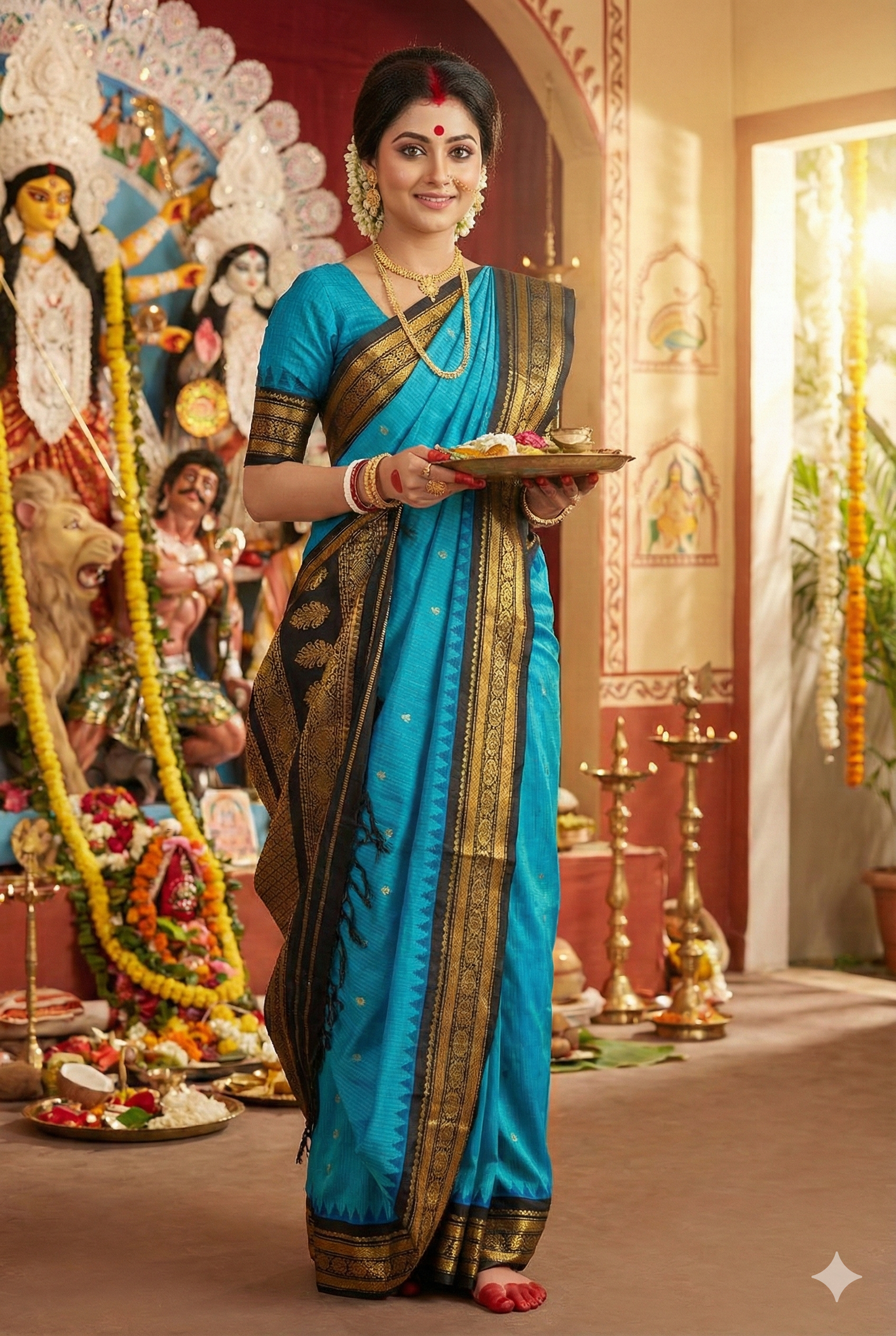 Blue Sico Gadwal saree with intricate gold zari work and matching unstiched blouse, traditional wear by Saarang Sarees.