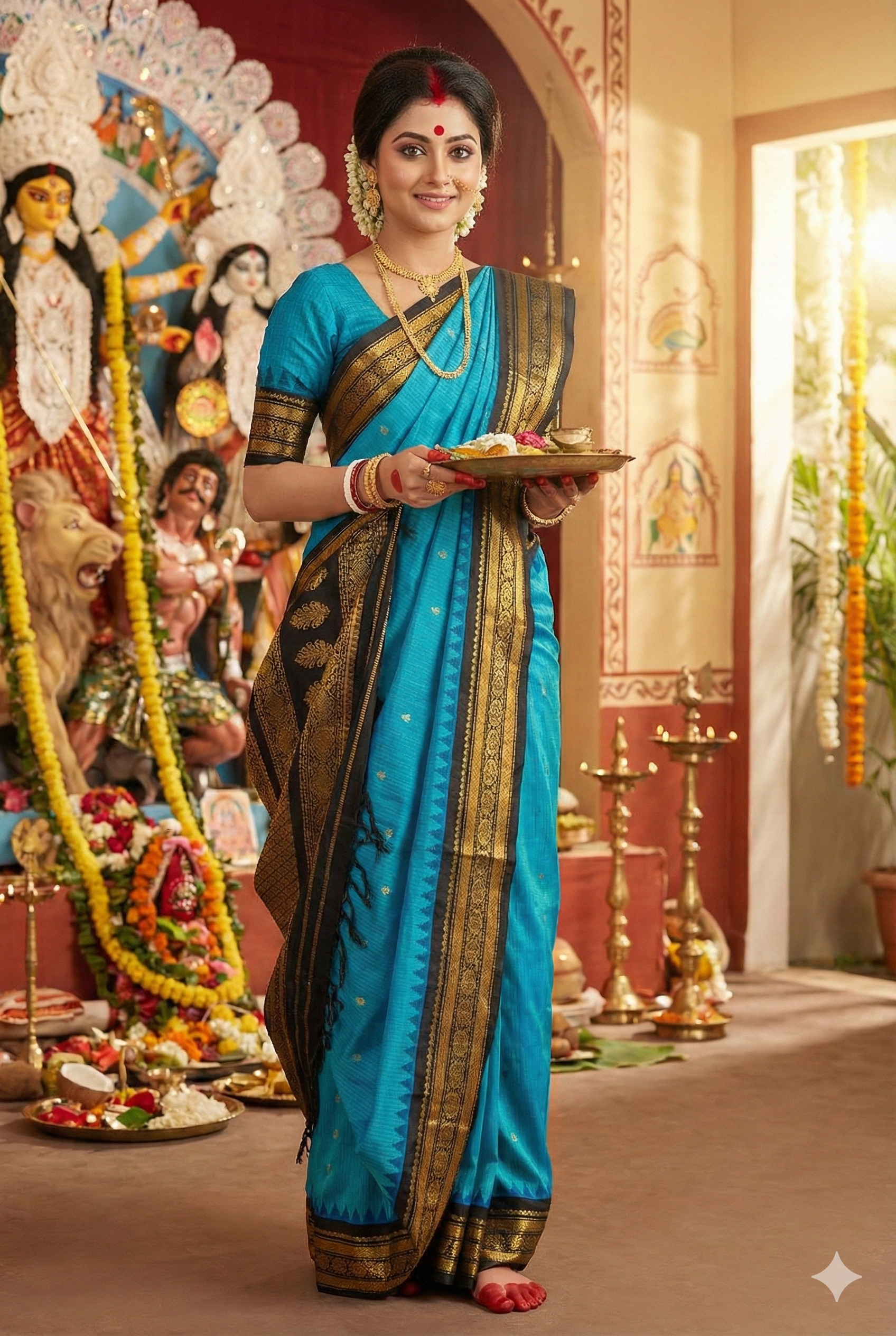 Blue Sico Gadwal saree with intricate gold zari work and matching unstiched blouse, traditional wear by Saarang Sarees.