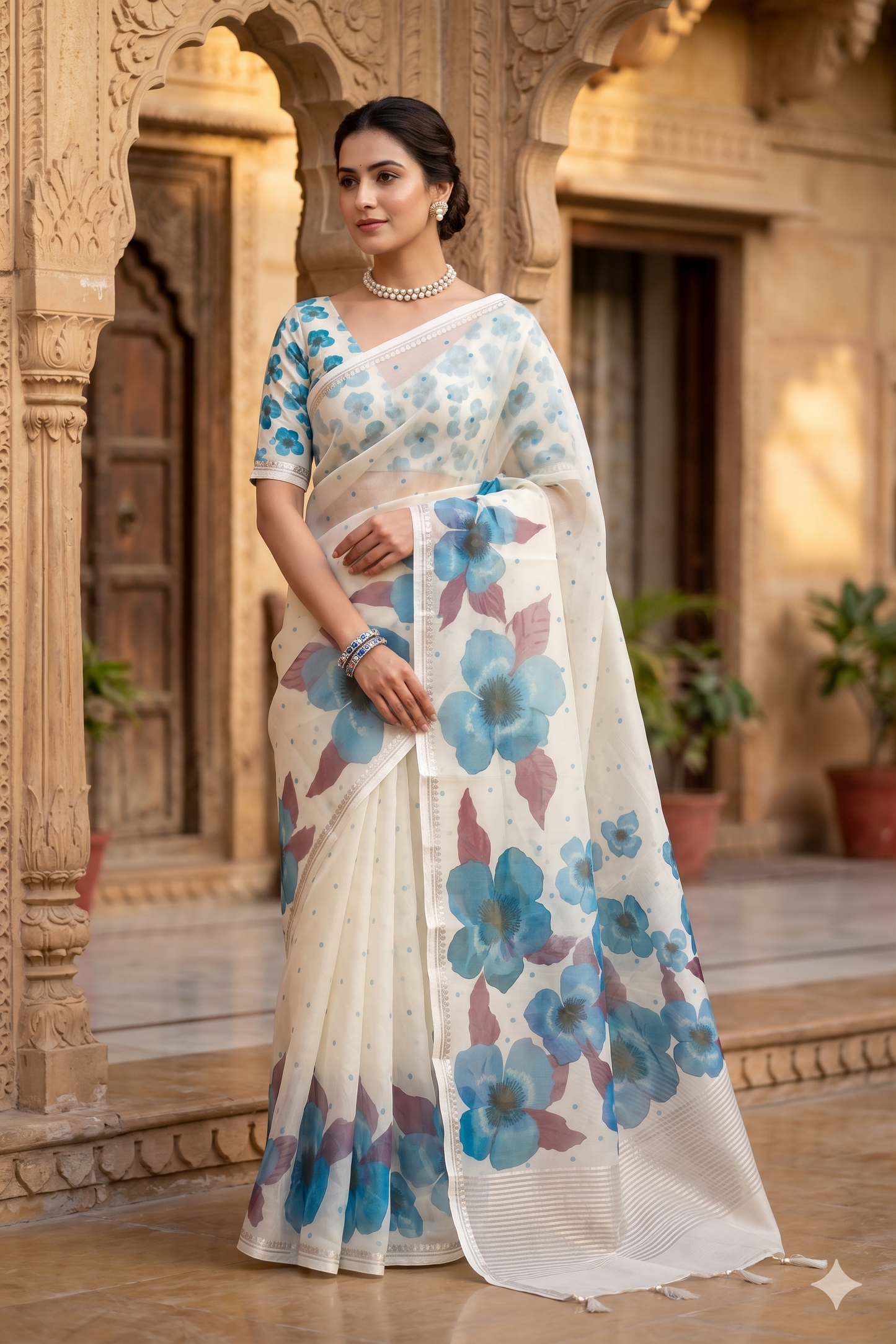 White & Blue Floral Printed Organza Saree, With Unstiched Blouse
