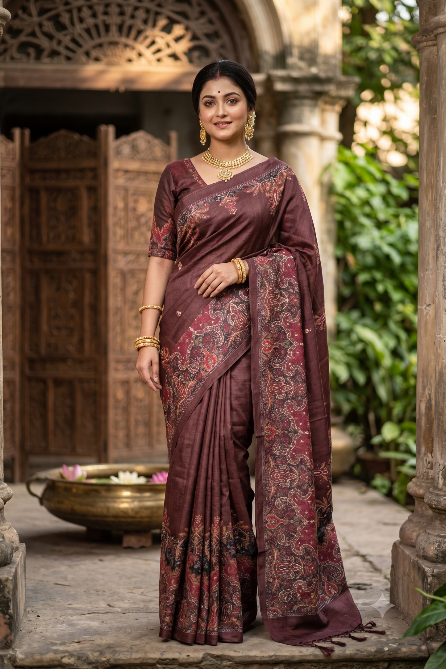 Chocolate Brown Tussar Silk Printed Saree With Aari Work Border, With Unstiched Blouse