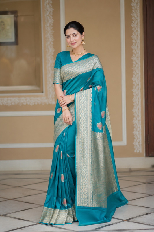 Teal Blue Kora Banarasi Silk Saree With Hand Weving Work, With Unstiched Blouse