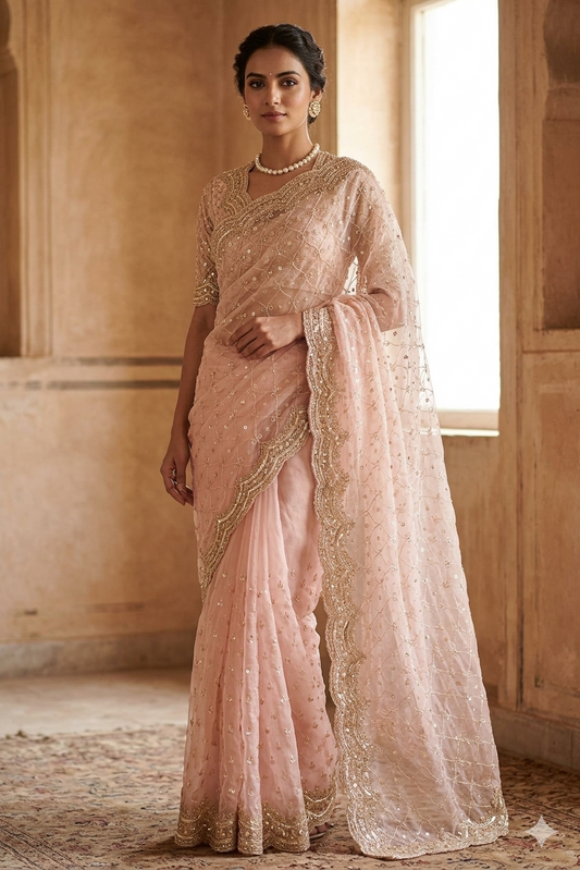 Baby pink organza silk saree with embroidery and unstiched blouse for party wear, by Saarang Sarees, displayed on a dress form.