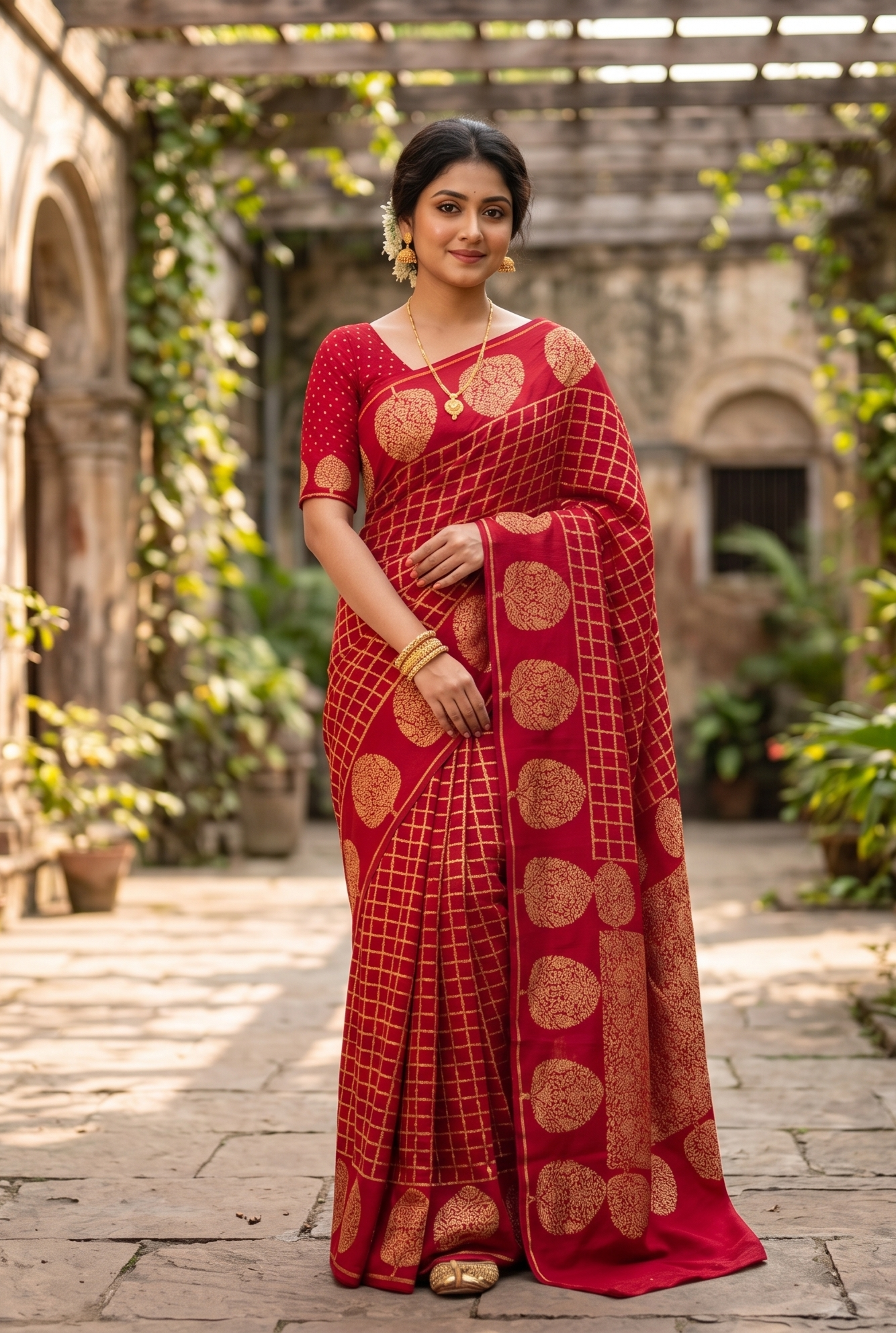 Red Mysore Crepe Silk Banarasi Saree, With Unstiched Blouse
