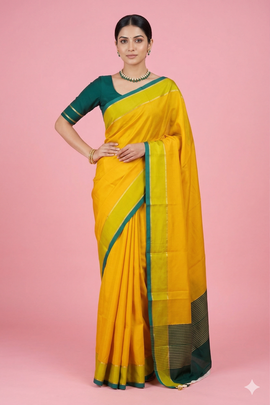 Mustard Yellow Mysore Crepe Silk Saree With Unstiched Contrast Blouse