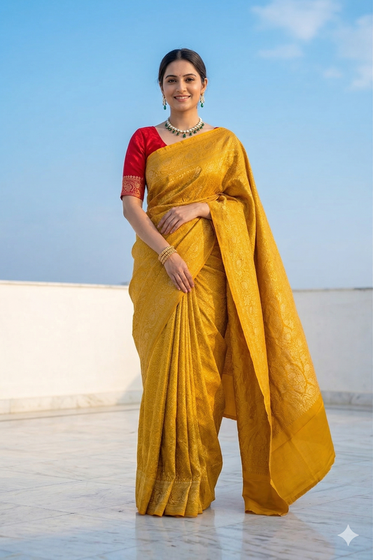 Mustard Yellow Mysore Crepe Saree With Meenakari Work, With Unstiched Blouse