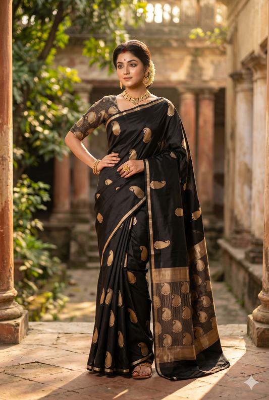 Black Katan Mashru Silk Banarasi handloom saree with intricate gold zari work and matching unstiched blouse, traditional Indian attire.