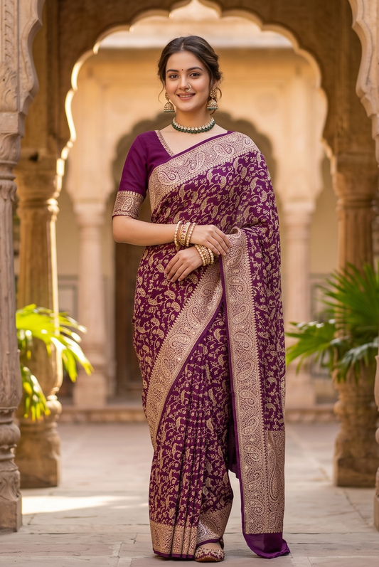 Wine Georgette Khaddi Embroidery Saree, With Unstiched Blouse