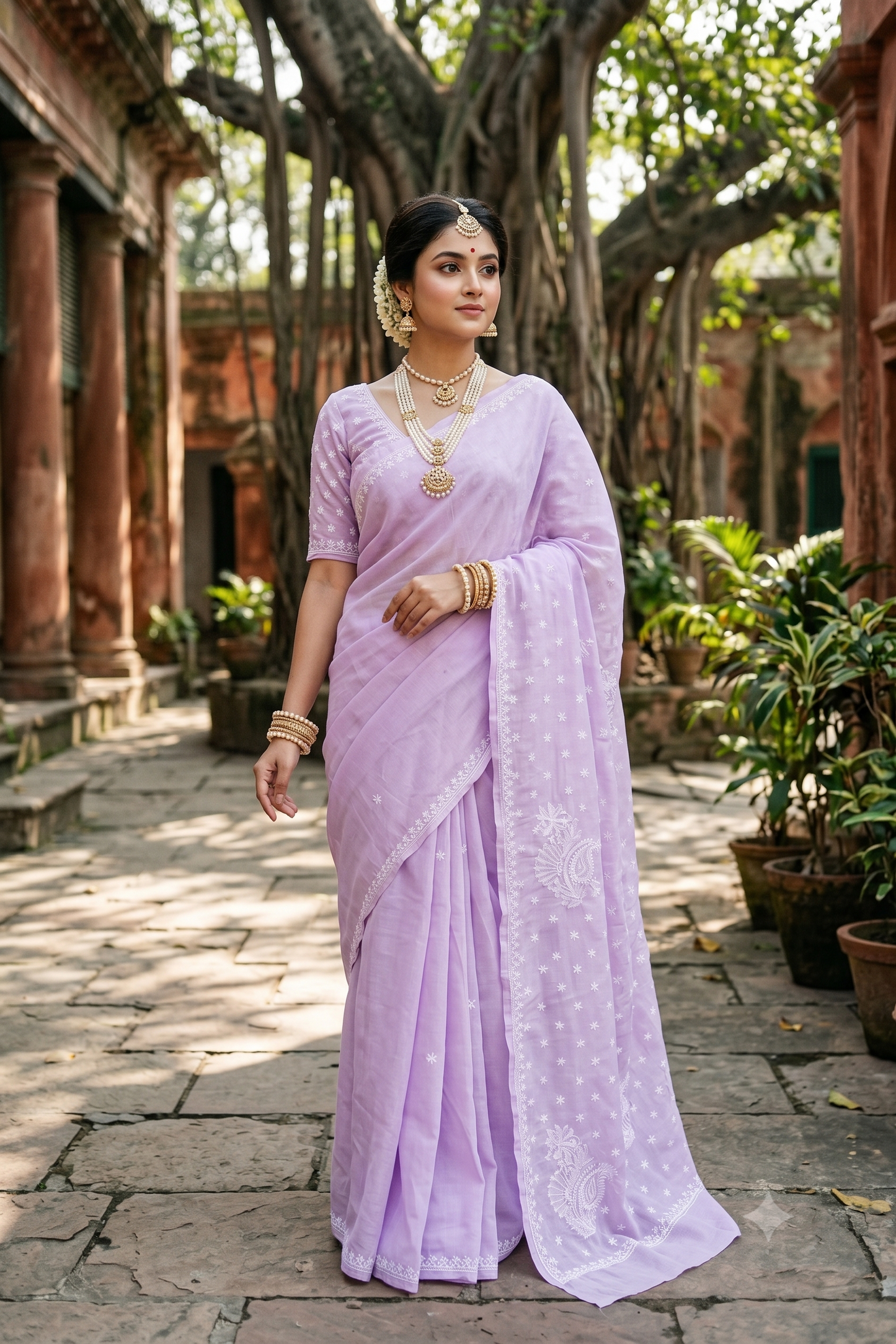Lavender Cotton Saree With Chikankari Embroidery, Unstitched Blouse