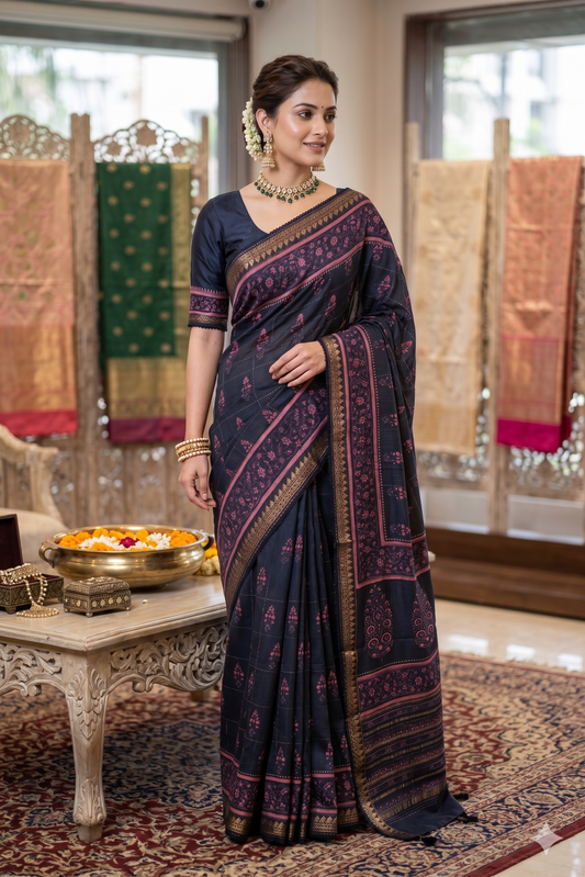 Black Munga silk printed saree with kantha work from Saarang Sarees, paired with an unstitch blouse, traditional wear with intricate detailing.