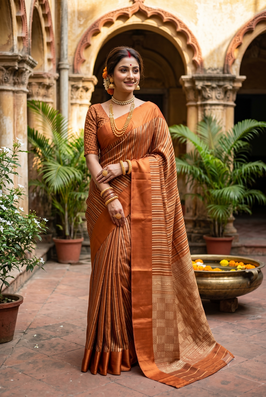 Brown Gradient Mysore Crepe Silk Banarasi Saree, With Unstiched Blouse