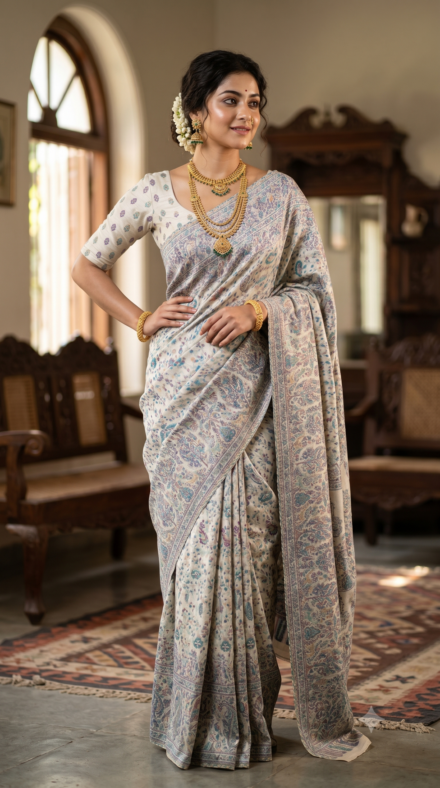 Off-White Pure Kani Handloom Silk Saree With Floral Woven Blouse