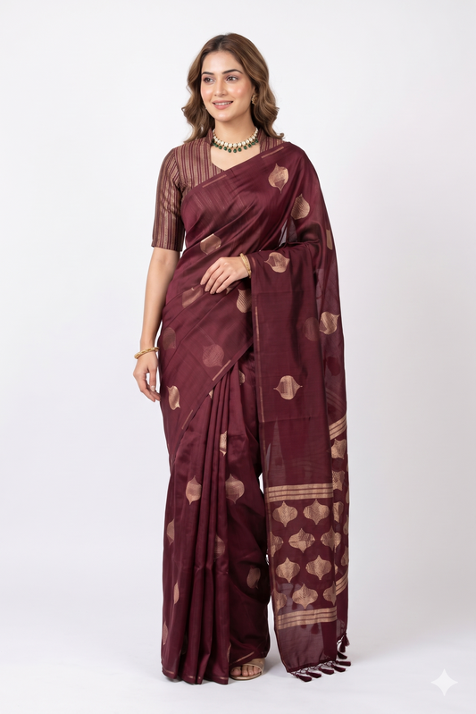 Brownish Red Soft Katan Silk Saree, With Unstich Blouse