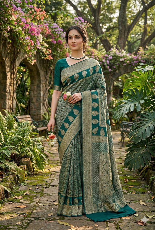 Deep Green Mysore Crepe Silk Party Wear Saree, With Unstitched Blouse - Saarang Sarees