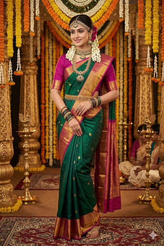 Bottle green pure Kanjeevaram silk saree with traditional design and unstiched blouse from Saarang Sarees, detailed fabric pattern visible.