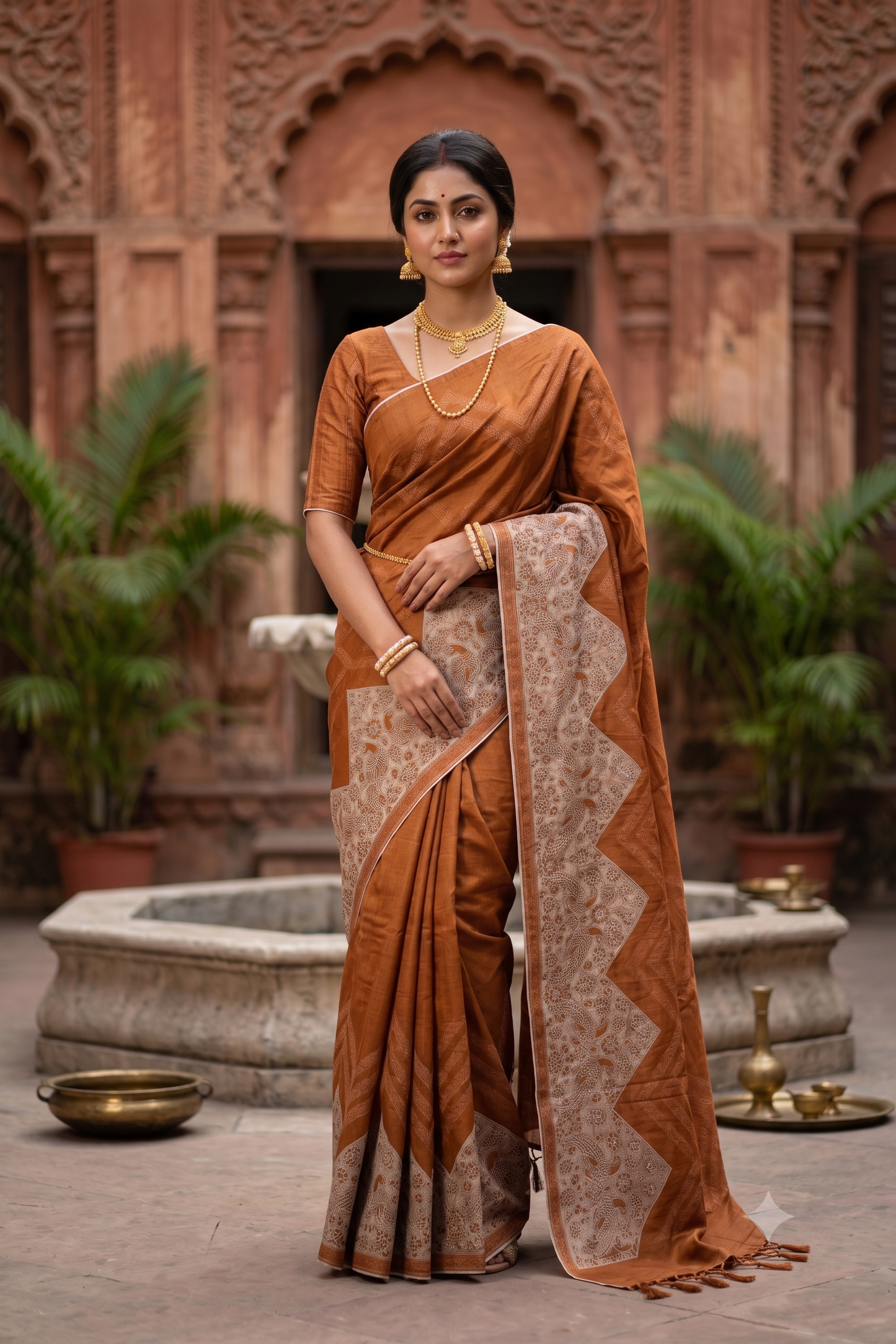 Copper Tussar Saree With Organza Applique Work, With Unstiched Blouse