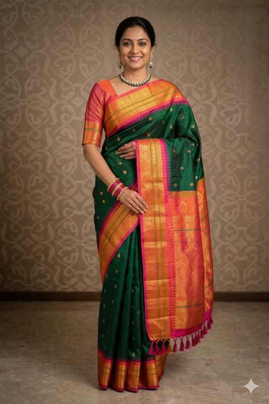 Forest green Gadwal silk saree from Saarang Sarees with an unstiched blouse, showcasing intricate traditional Indian craftsmanship.