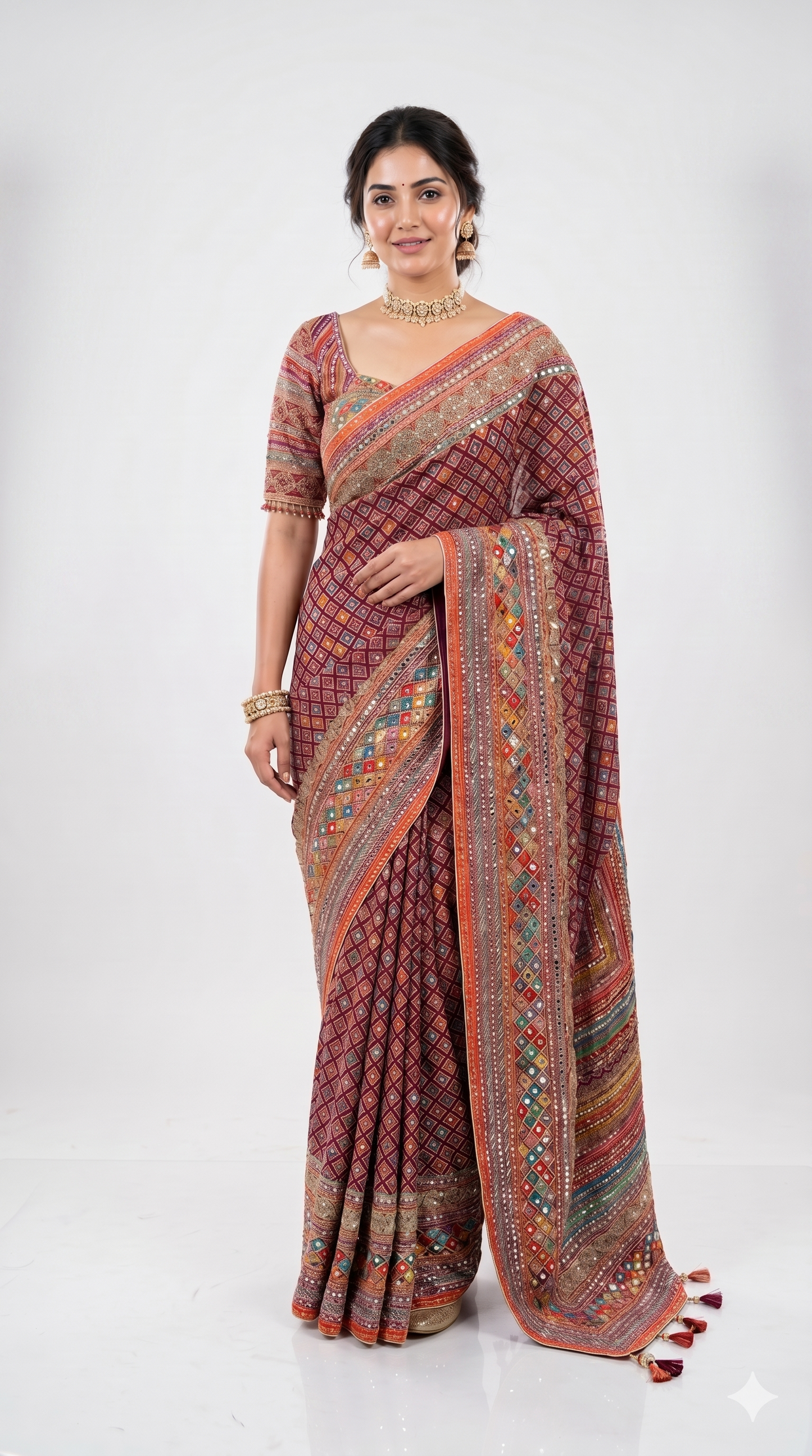 Multi Crepe Georgette Saree With Mirror Work, With Unstiched Blouse