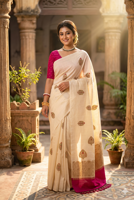 Off-White Munga Banarasi Silk Saree with intricate gold zari work and matching unstiched blouse, traditional Indian wear by Saarang Sarees.