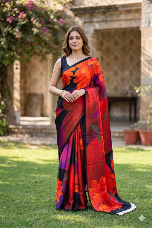 Black and multi-floral printed satin crepe saree with unstiched blouse, perfect for party wear by Saarang Sarees.