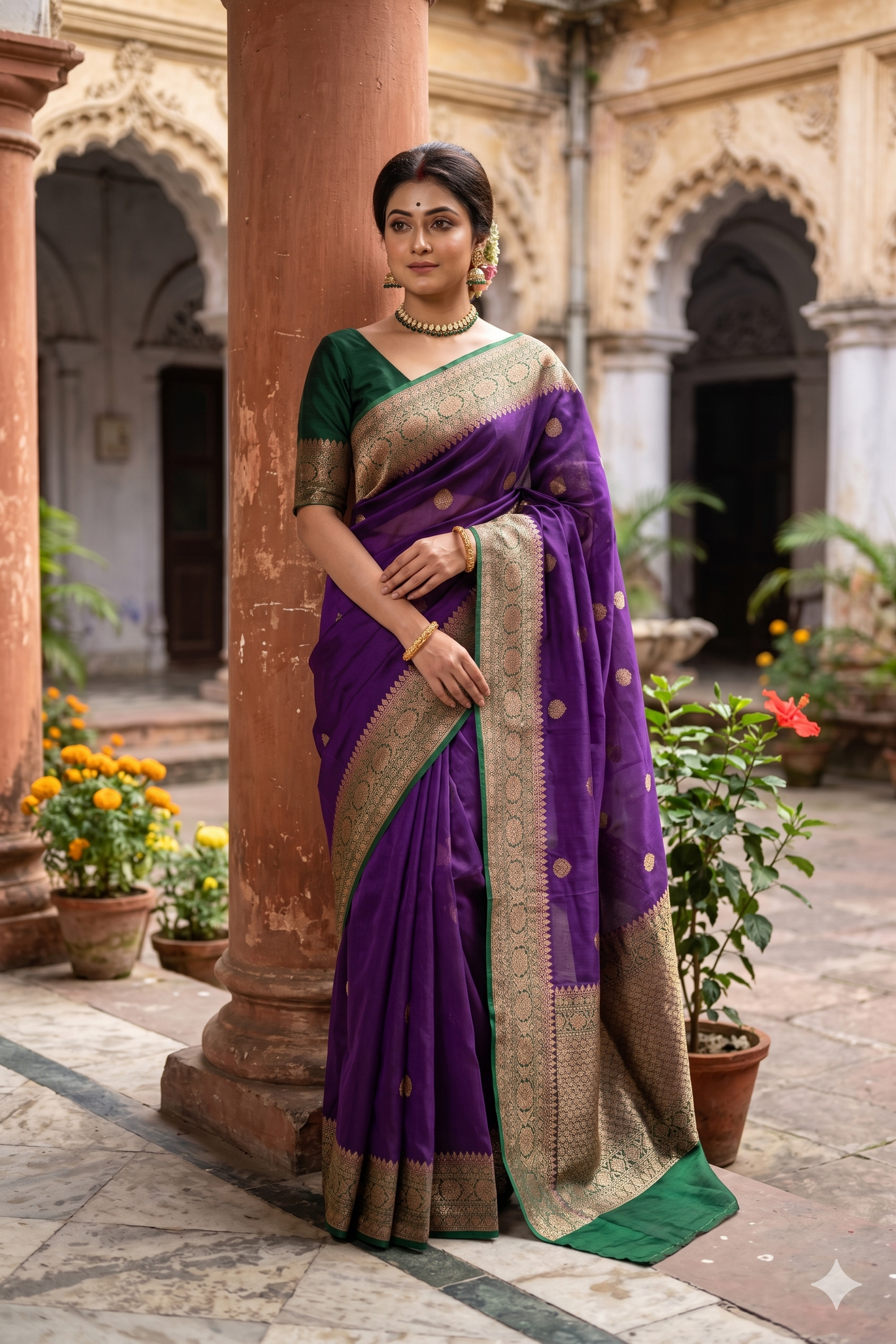 Purple Kora Banarasi Silk Saree, With Unstiched Blouse