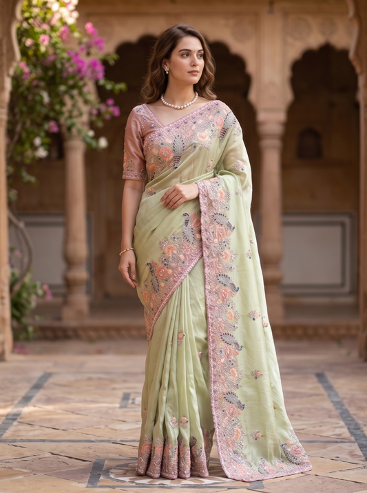 Pista Green Tissue Kanjeevaram Silk Sarees With Embroidery Work, With Unstiched Blouse