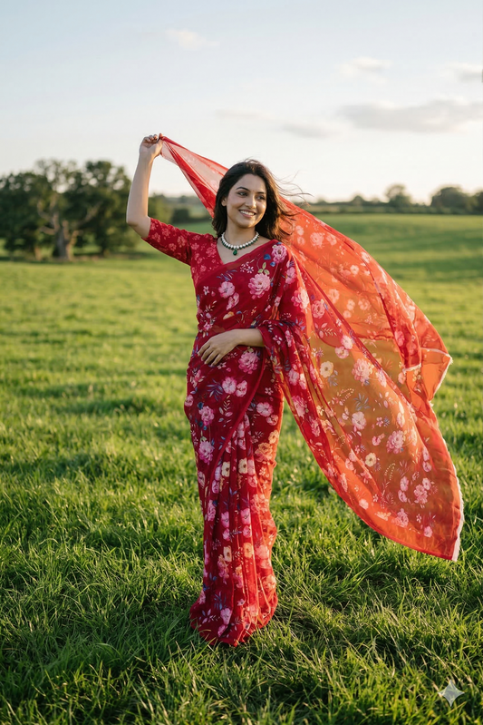 Cherry red floral printed chiffon saree with unstitched blouse piece, perfect for party wear from Saarang Sarees.