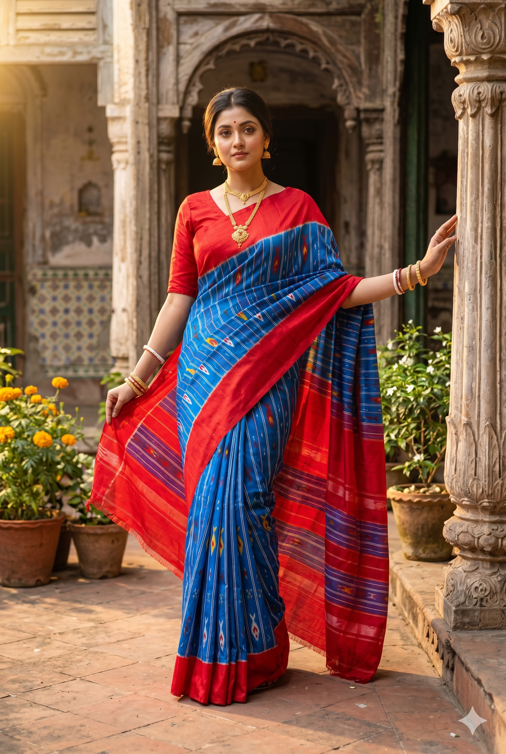 Blue Pochampally Ikat silk saree from Saarang Sarees with an unstiched blouse, featuring intricate traditional geometric patterns.