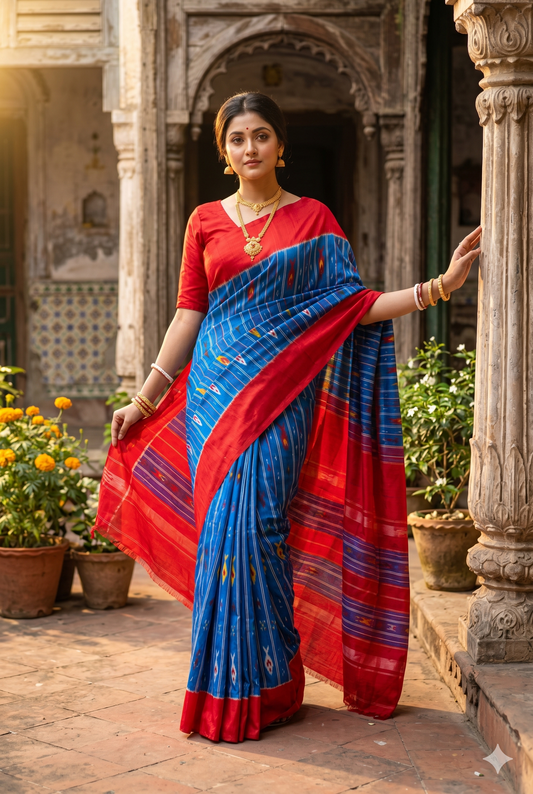Blue Pochampally Ikat silk saree from Saarang Sarees with an unstiched blouse, featuring intricate traditional geometric patterns.