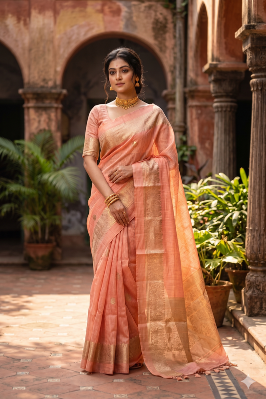 Peach pure linen saree with traditional design and unstiched blouse from Saarang Sarees, displayed on a mannequin.