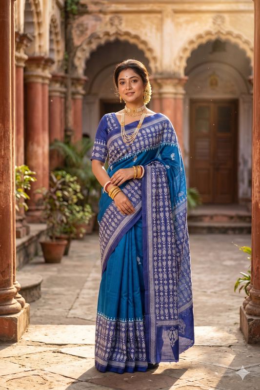 Indigo Blue Tussar Embroidery Saree With Kantha Work Border, With Unstitched Blouse