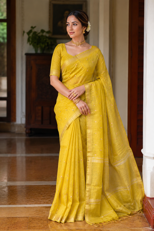 Yellow Pure Linen Kashmiri Work Saree With Unstiched Blouse