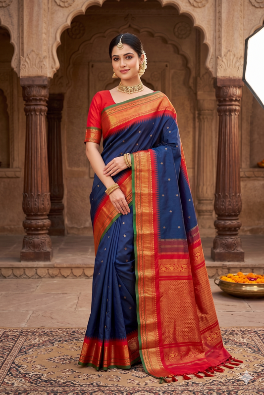 Navy Blue Gadwal Silk Sarees With Unstiched Blouse