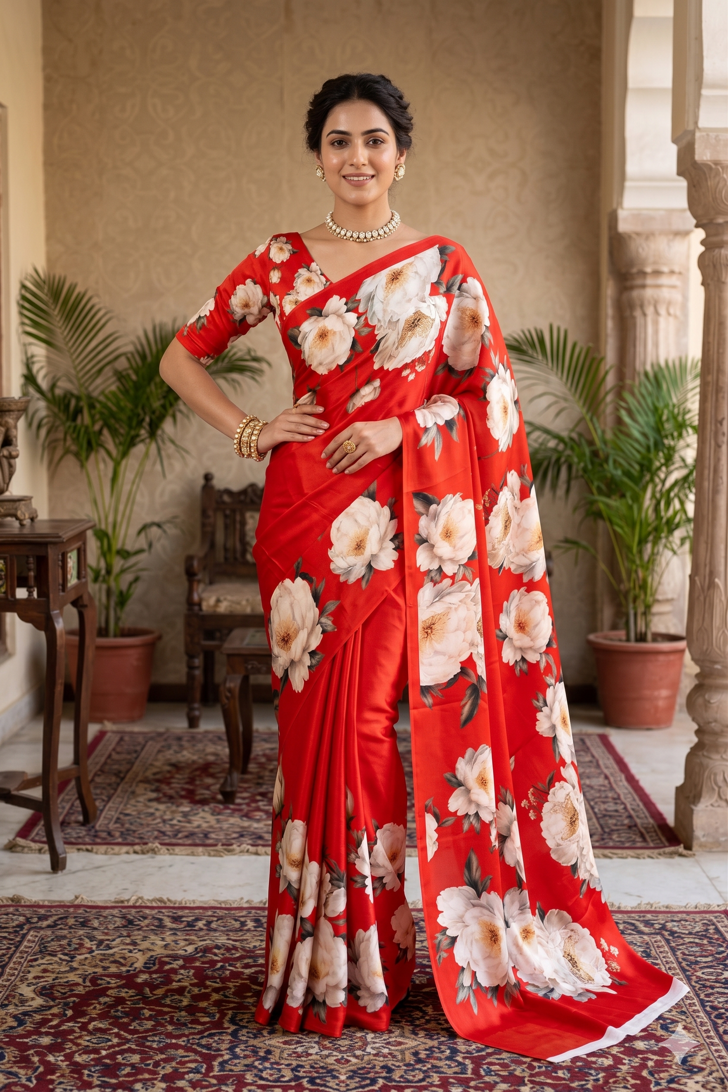 Red Crepe Satin Printed Saree, With Unstitched Blouse