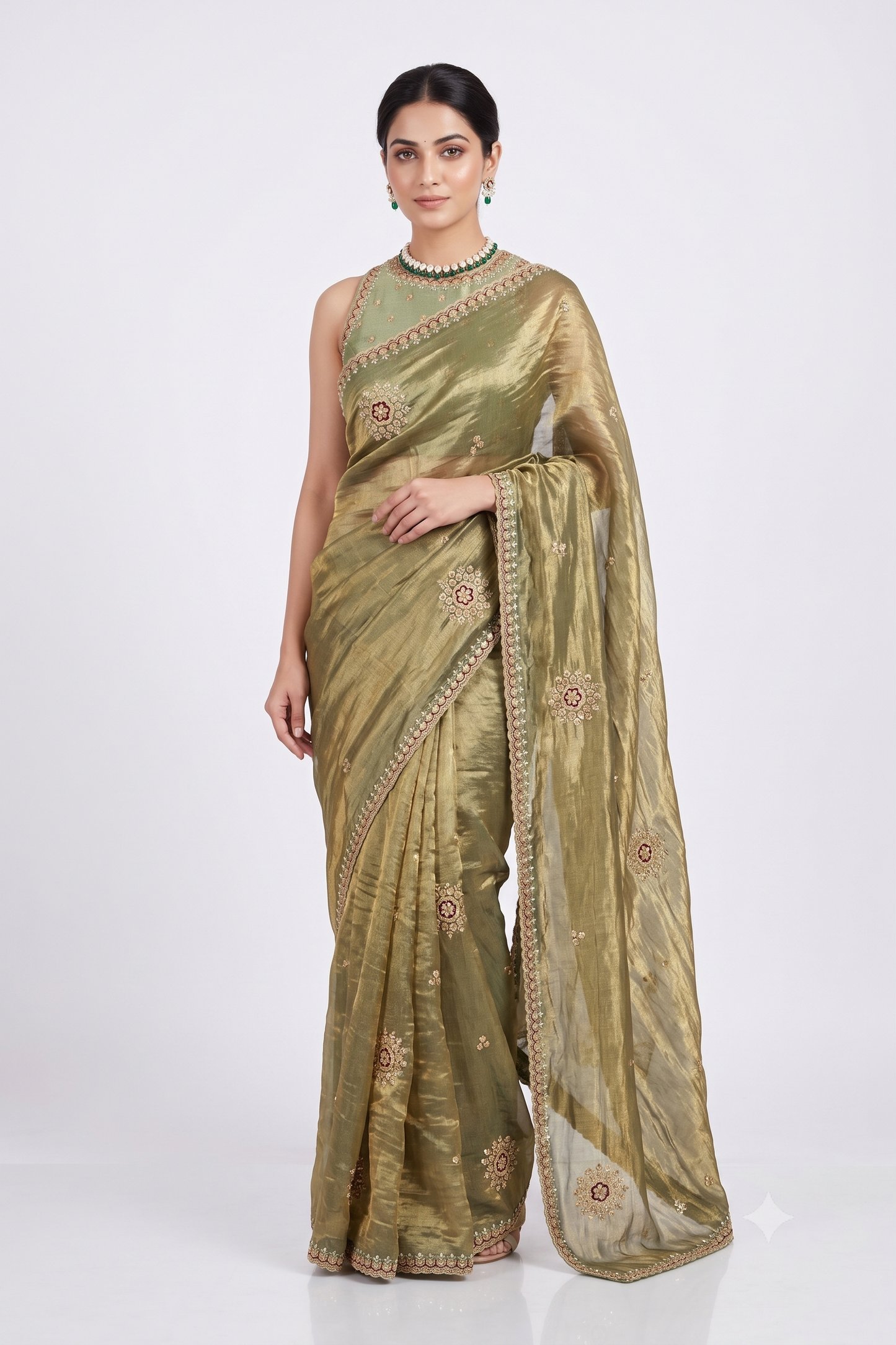 Golden Green Tissue Embroidery Saree, With Unstiched Blouse