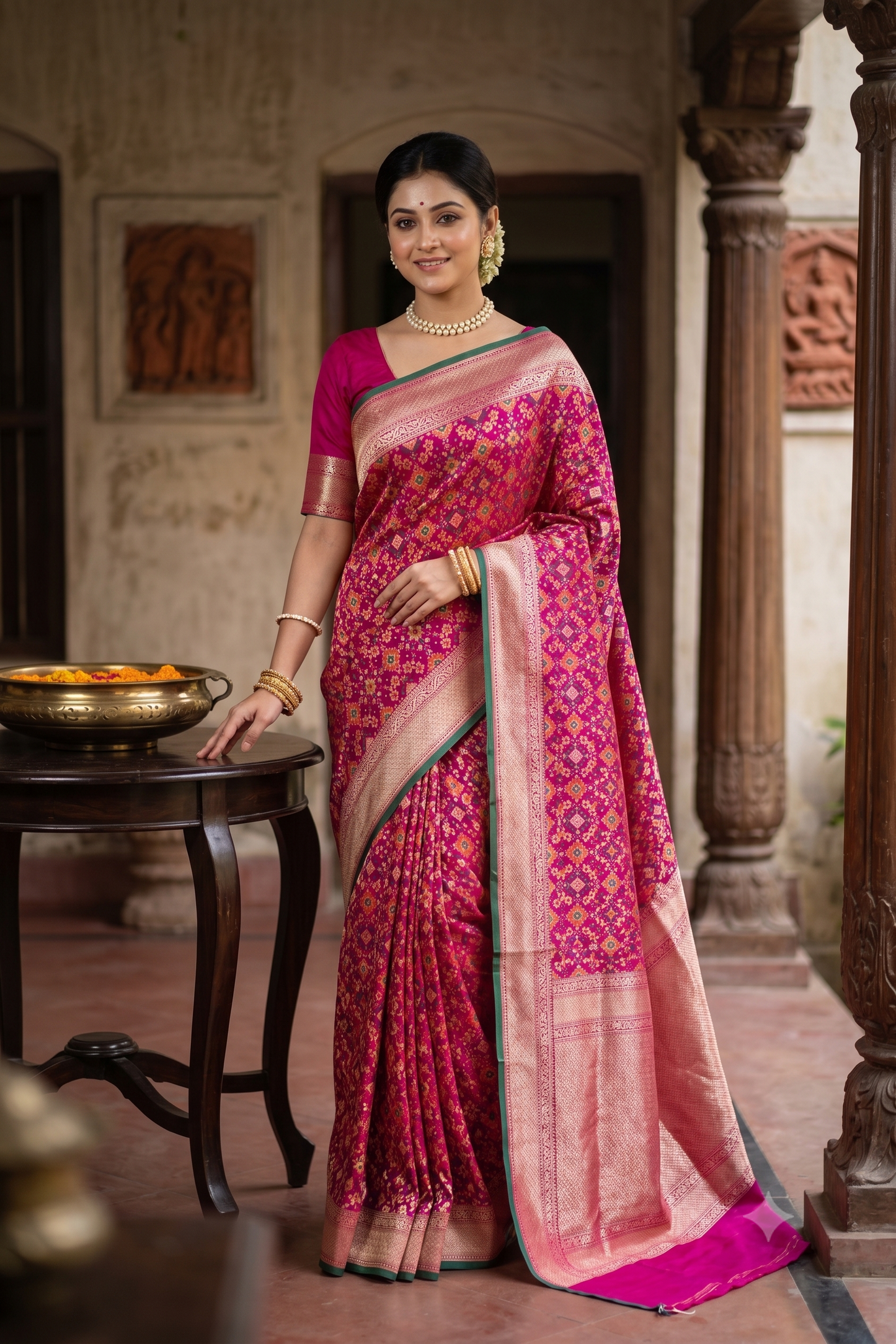 Magenta & Multi Banarasi Silk Saree With Patola Concept, With Unstiched Blouse