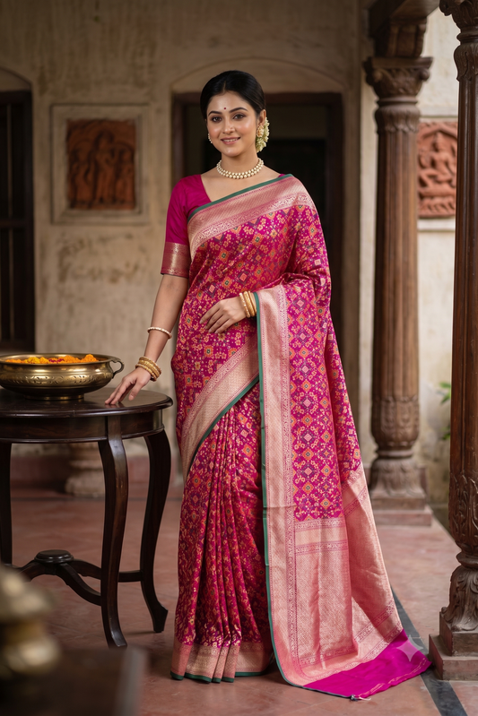 Magenta & Multi Banarasi Silk Saree With Patola Concept, With Unstiched Blouse