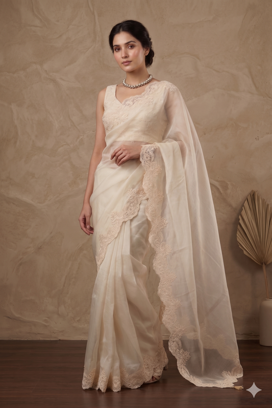 Off-White organza silk saree with resham embroidery and unstiched blouse, perfect for party wear by Saarang Sarees.