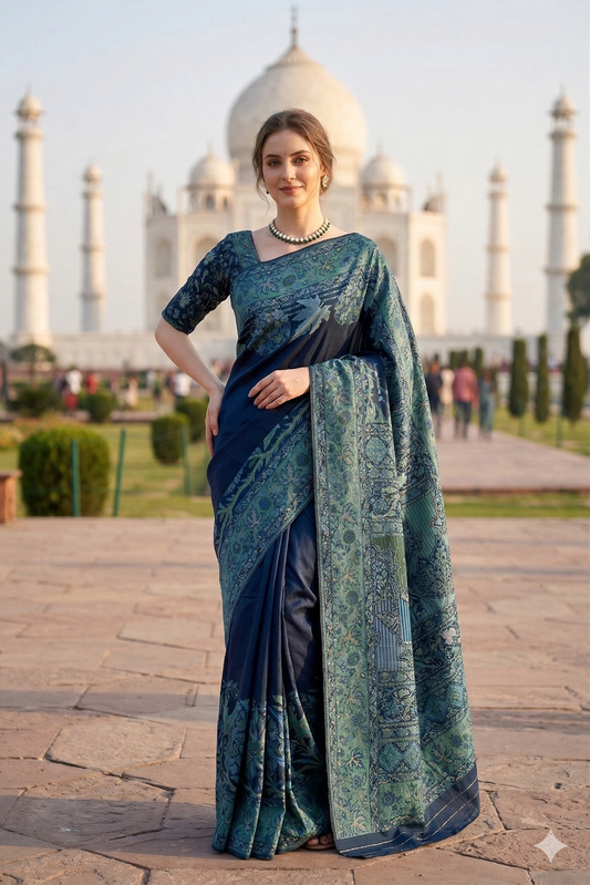 Navy blue pure Kani handloom silk saree with floral woven blouse, traditional wear from Saarang Sarees, shown with intricate patterns.