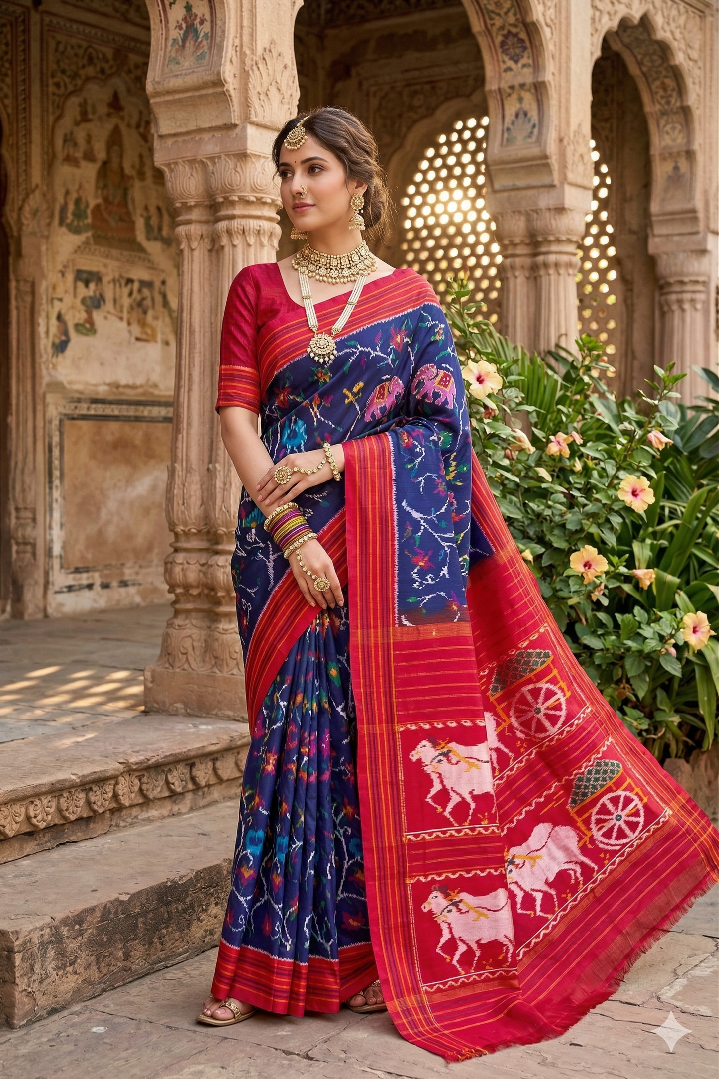 Purple and blue Pochampally Ikat silk saree with white weaving and unstiched blouse, traditional wear by Saarang Sarees.