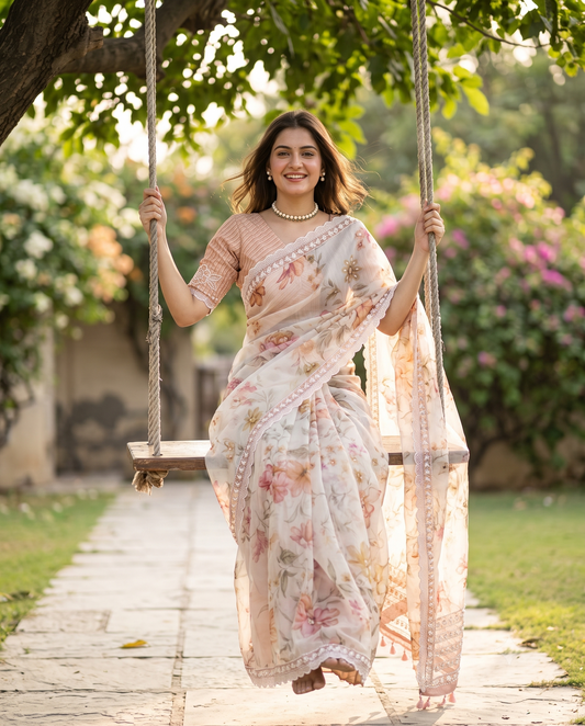 Off-White Organza Saree With Perl Work, With Unstitched Blouse