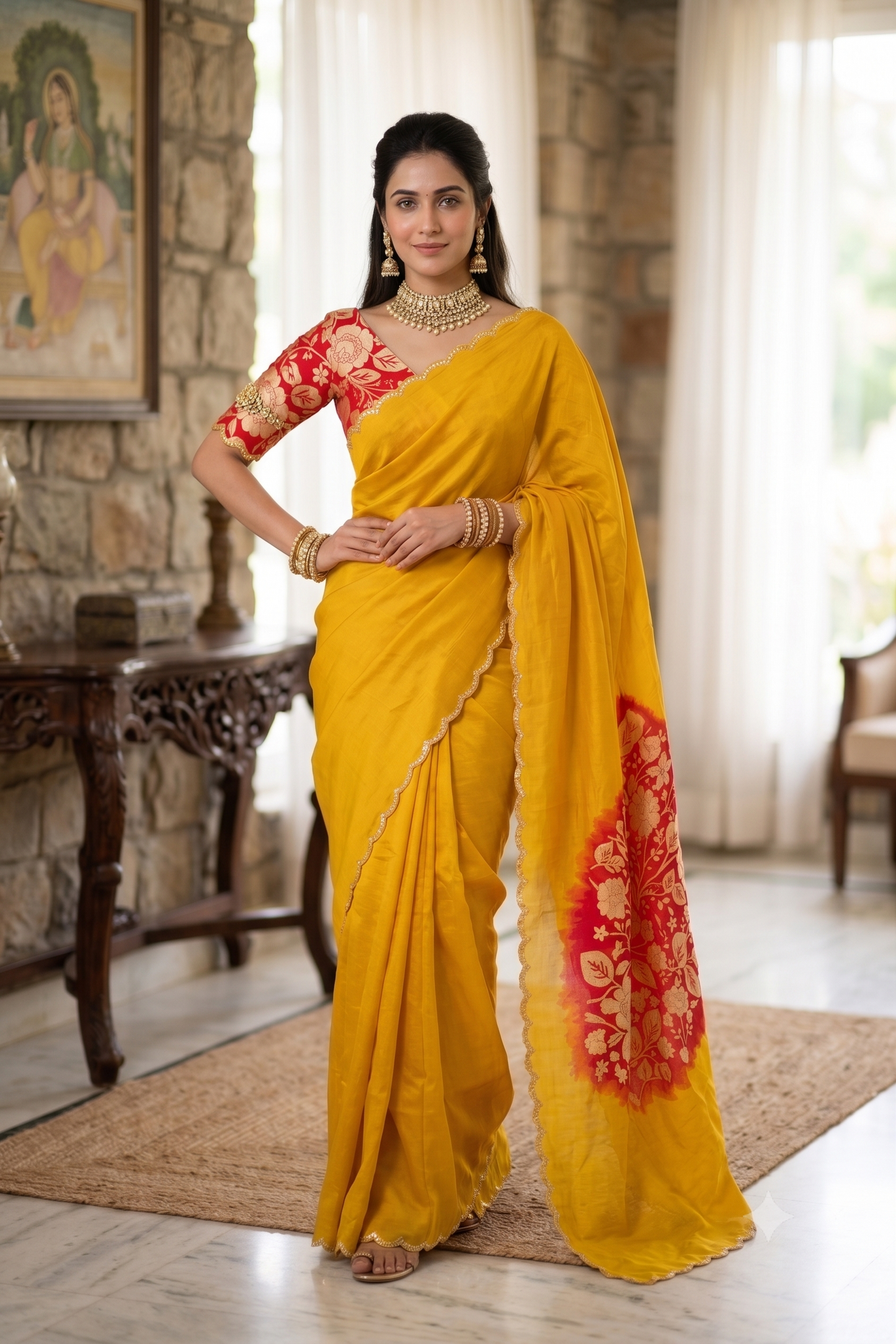 Mustrad Yellow Dupion Silk Embroidery Sarees, With Unstiched Blouse